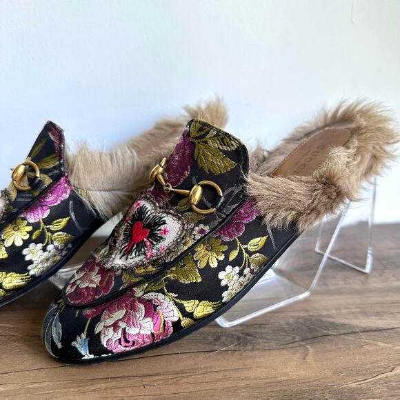 Gucci Princetown Jacquard Kangaroo EU 37 US 6.5/7 Horsebit Fur Heart Mule Slides - Picture 2 of 12